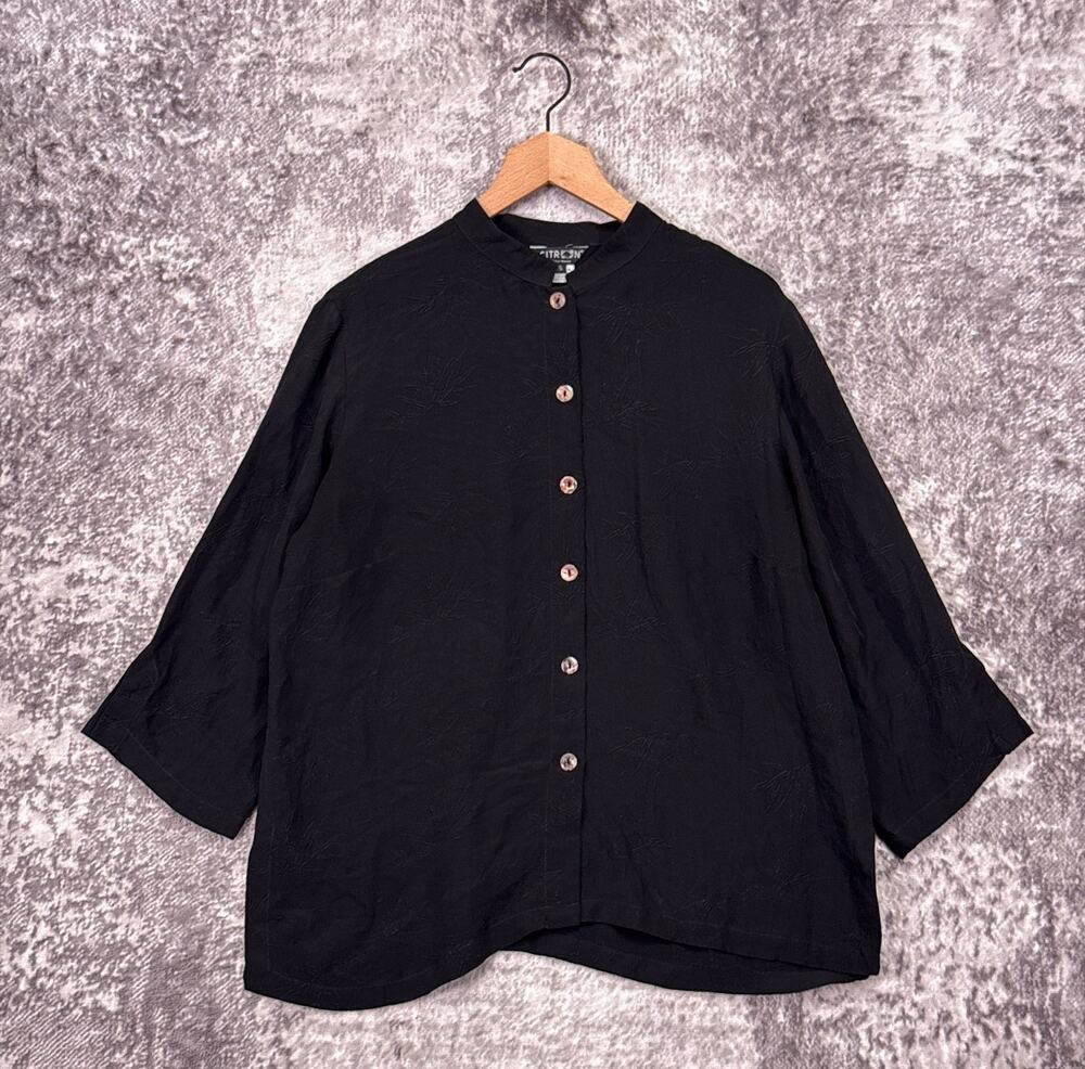 Citron Santa Monica Top Small Womens Black Silk Embroidered Mandarin Collar